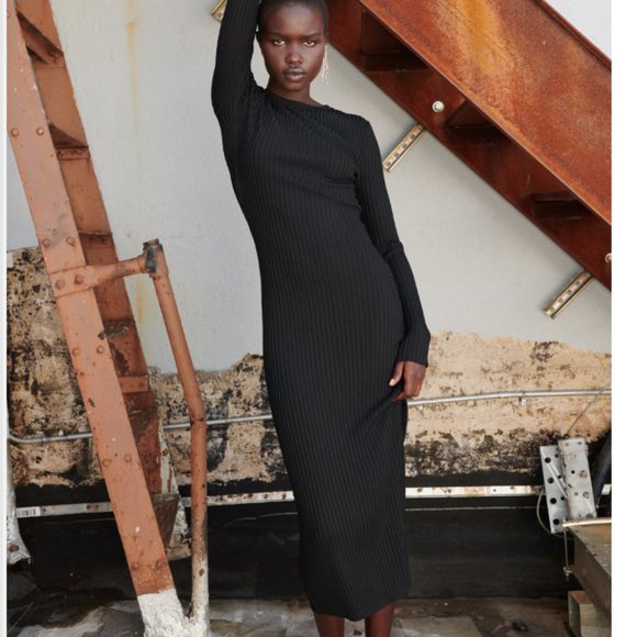 Zara | Dresses | Zara Ribbed Knit Long Sleeve Midi Dress In Black | Poshmark
